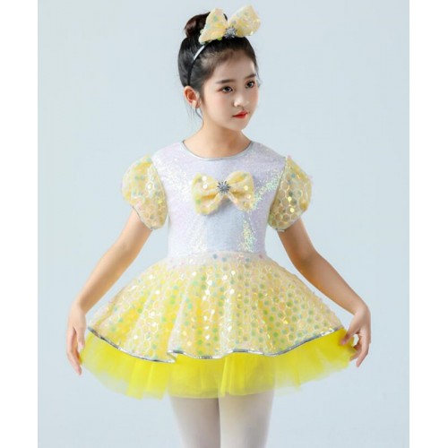 Children girls Yellow blue pink tutu skirt ballet dance dresses modern jazz dance sequin dresses for girls ball gown xmas halloween party princess dress 